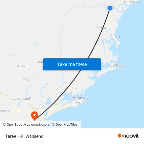 Taree to Wallsend map