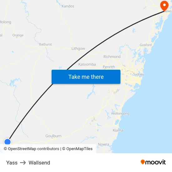 Yass to Wallsend map