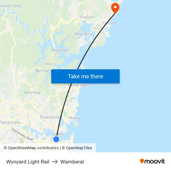 Wynyard Light Rail to Wamberal map