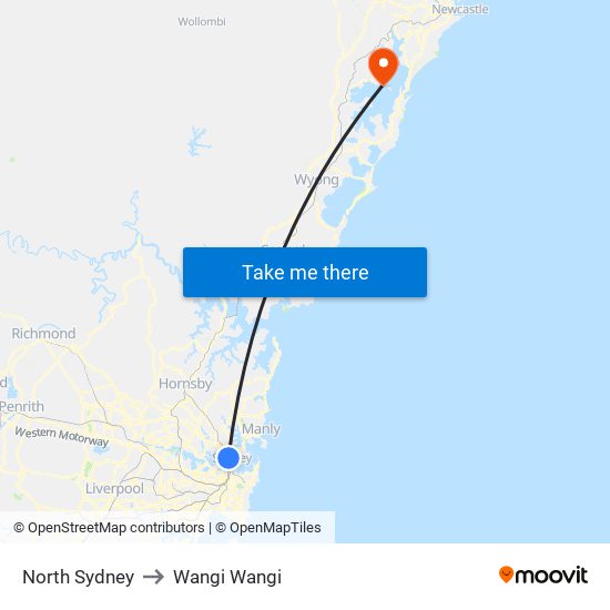 North Sydney to Wangi Wangi map