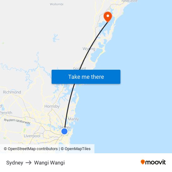 Sydney to Wangi Wangi map