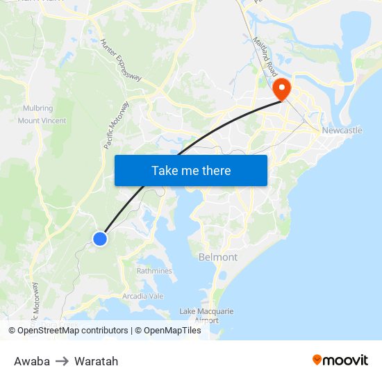 Awaba to Waratah map