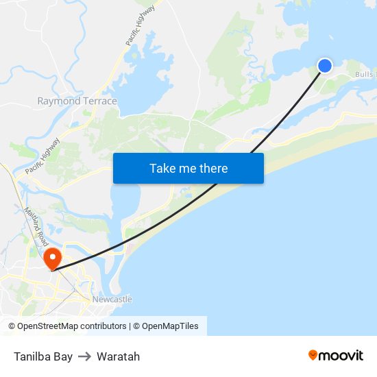 Tanilba Bay to Waratah map