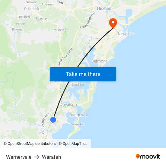 Warnervale to Waratah map