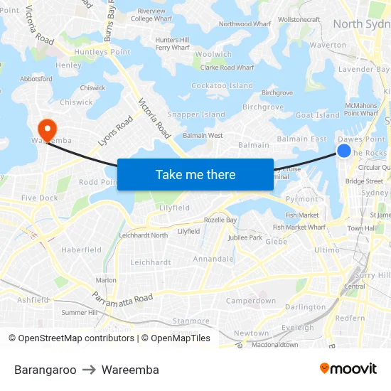 Barangaroo to Wareemba map