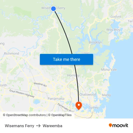 Wisemans Ferry to Wareemba map
