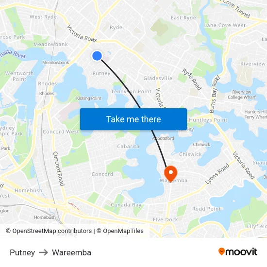 Putney to Wareemba map