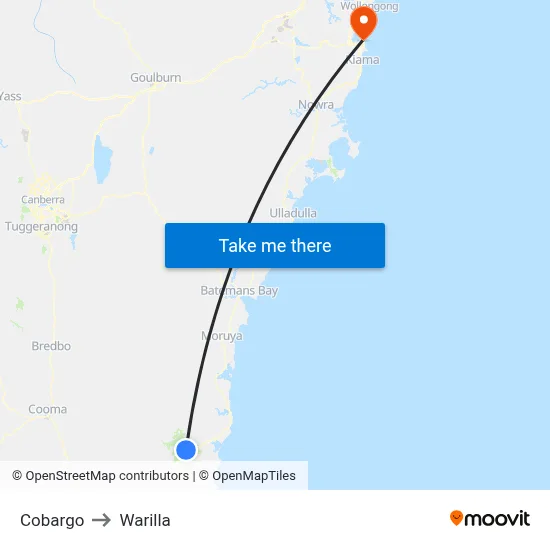 Cobargo to Warilla map