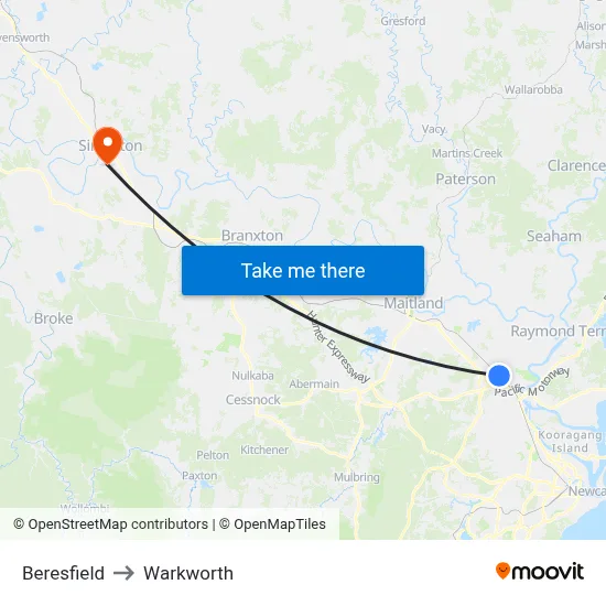 Beresfield to Warkworth map