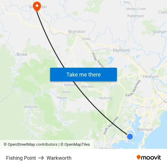 Fishing Point to Warkworth map