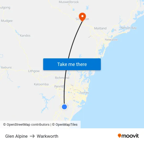 Glen Alpine to Warkworth map