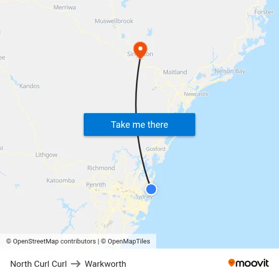 North Curl Curl to Warkworth map