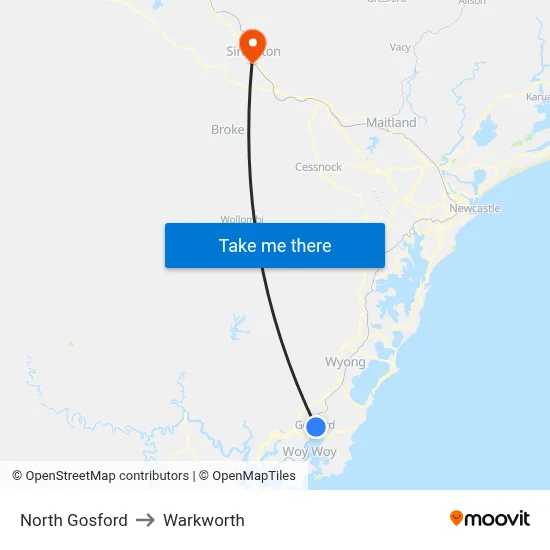 North Gosford to Warkworth map