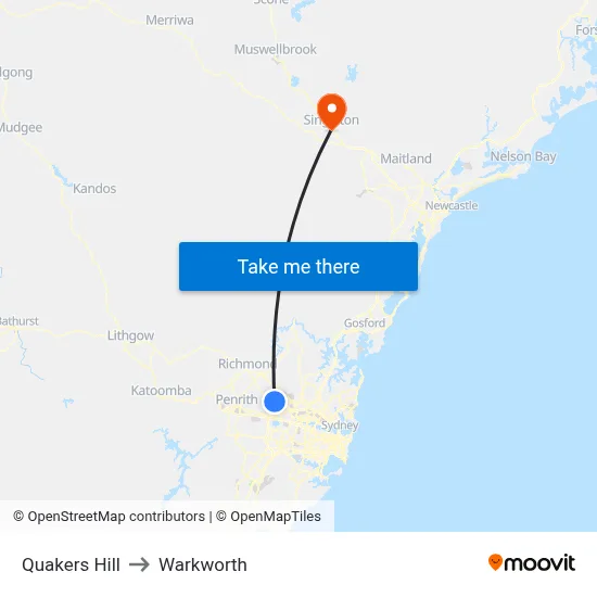 Quakers Hill to Warkworth map