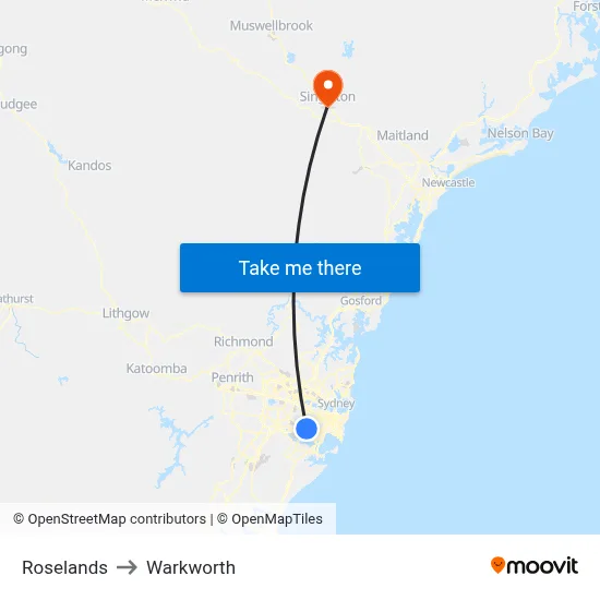 Roselands to Warkworth map