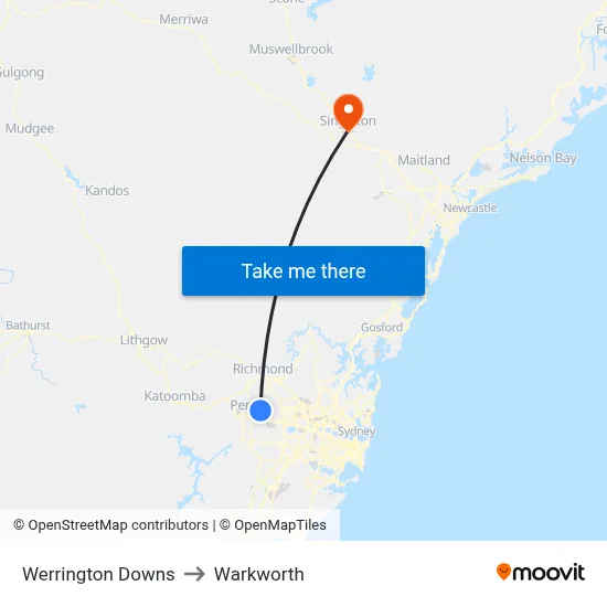 Werrington Downs to Warkworth map