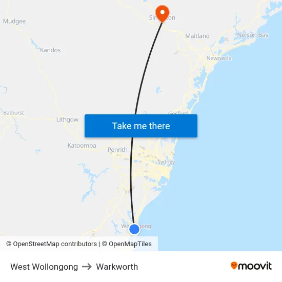 West Wollongong to Warkworth map