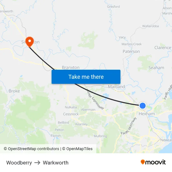 Woodberry to Warkworth map