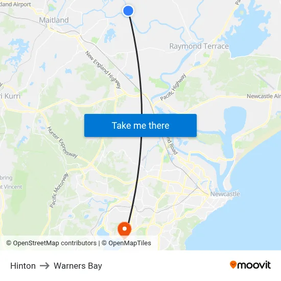 Hinton to Warners Bay map