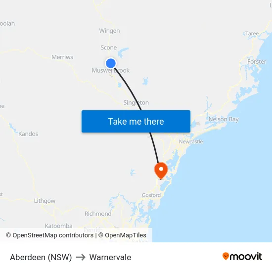 Aberdeen (NSW) to Warnervale map