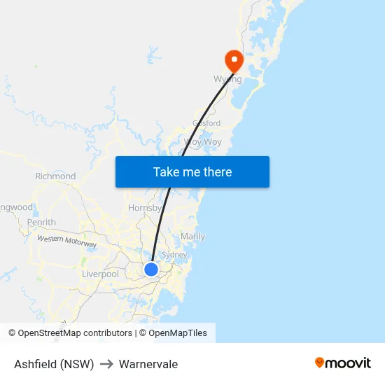 Ashfield (NSW) to Warnervale map