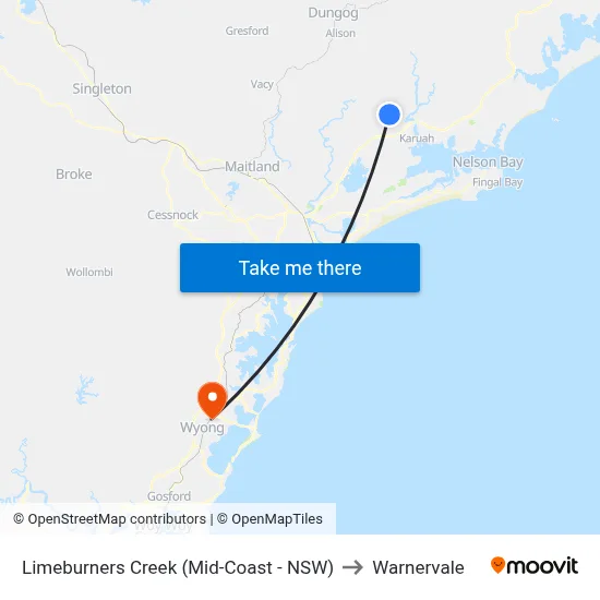 Limeburners Creek (Mid-Coast - NSW) to Warnervale map
