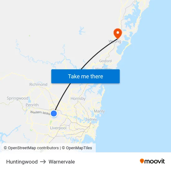 Huntingwood to Warnervale map