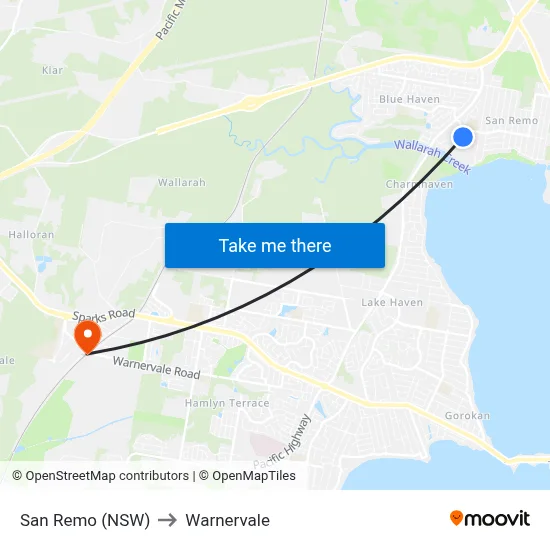 San Remo (NSW) to Warnervale map