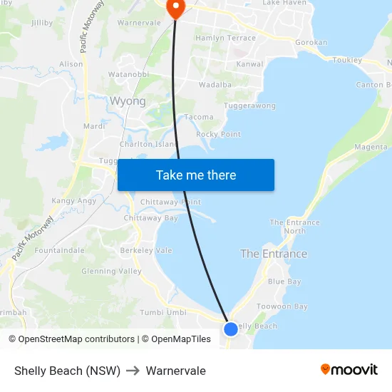 Shelly Beach (NSW) to Warnervale map