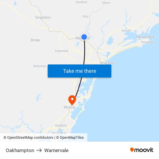 Oakhampton to Warnervale map