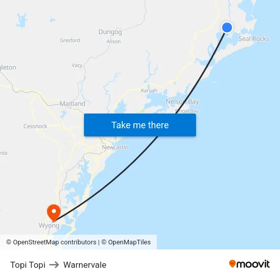 Topi Topi to Warnervale map
