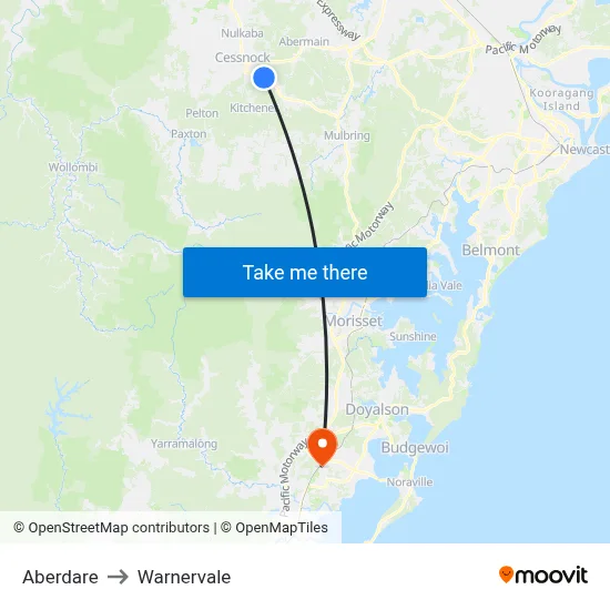 Aberdare to Warnervale map
