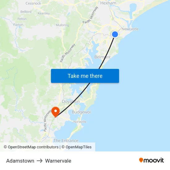 Adamstown to Warnervale map