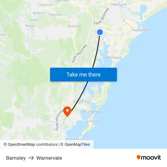 Barnsley to Warnervale map