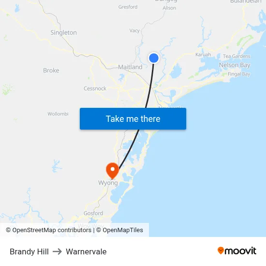 Brandy Hill to Warnervale map