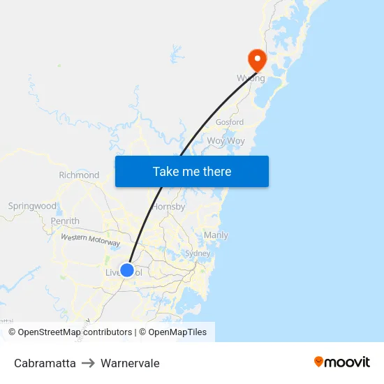 Cabramatta to Warnervale map