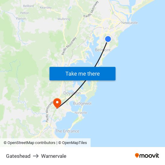 Gateshead to Warnervale map