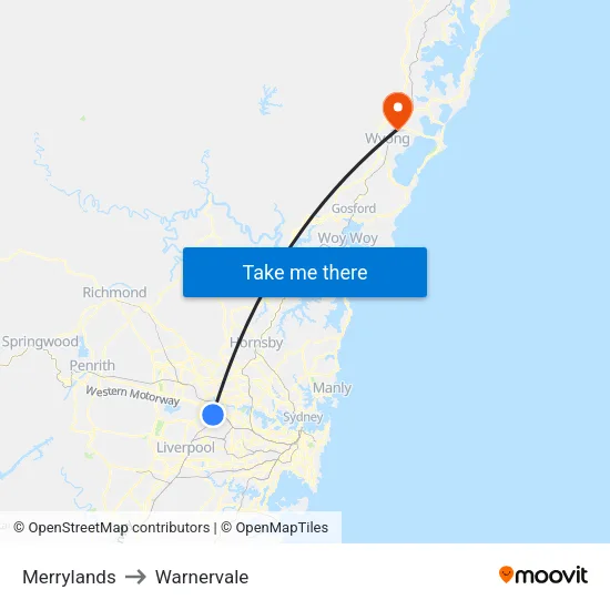 Merrylands to Warnervale map
