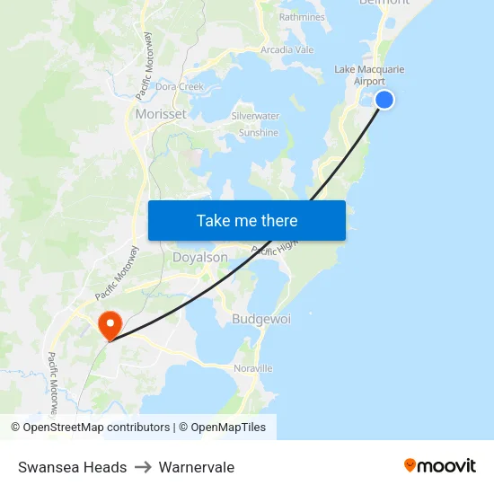 Swansea Heads to Warnervale map