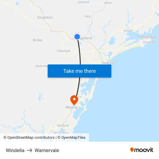 Windella to Warnervale map