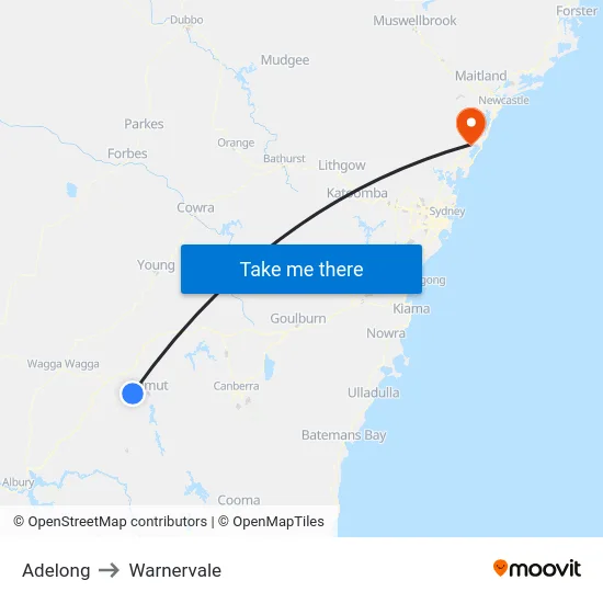 Adelong to Warnervale map