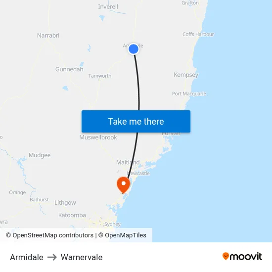 Armidale to Warnervale map
