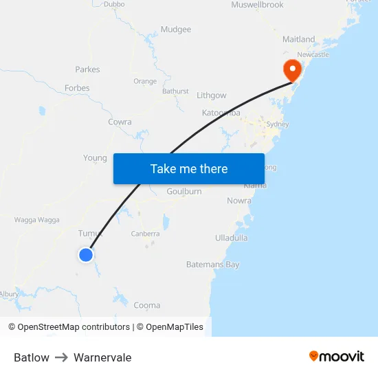 Batlow to Warnervale map