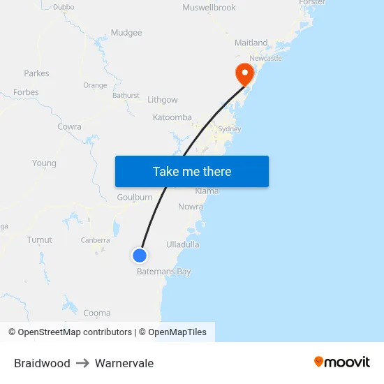 Braidwood to Warnervale map