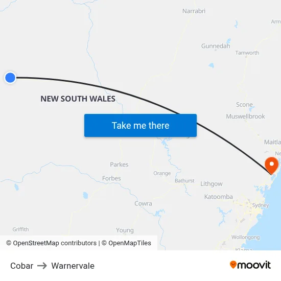 Cobar to Warnervale map