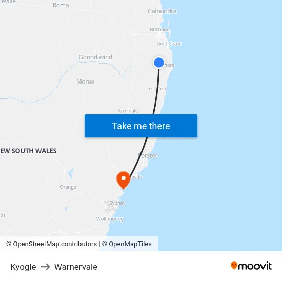 Kyogle to Warnervale map