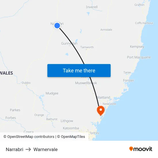 Narrabri to Warnervale map