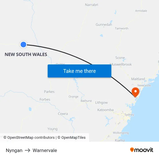 Nyngan to Warnervale map
