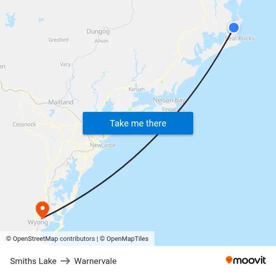 Smiths Lake to Warnervale map