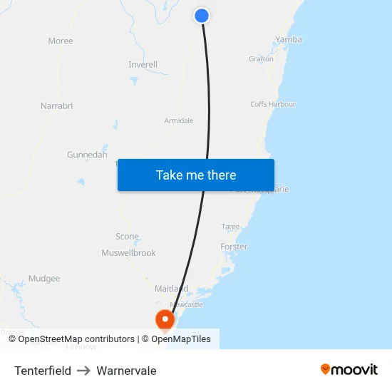 Tenterfield to Warnervale map